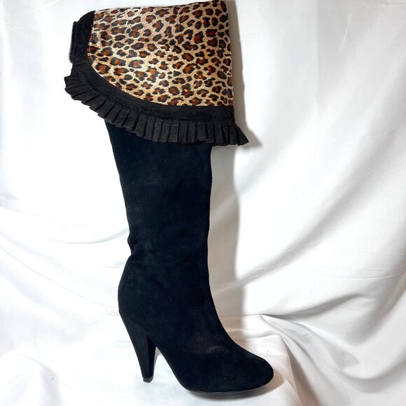 Hot In Hollywood-Black Leather Over Knee 4" Heels-Cheetah Print Inside-Ruffle-6M - Picture 2 of 16